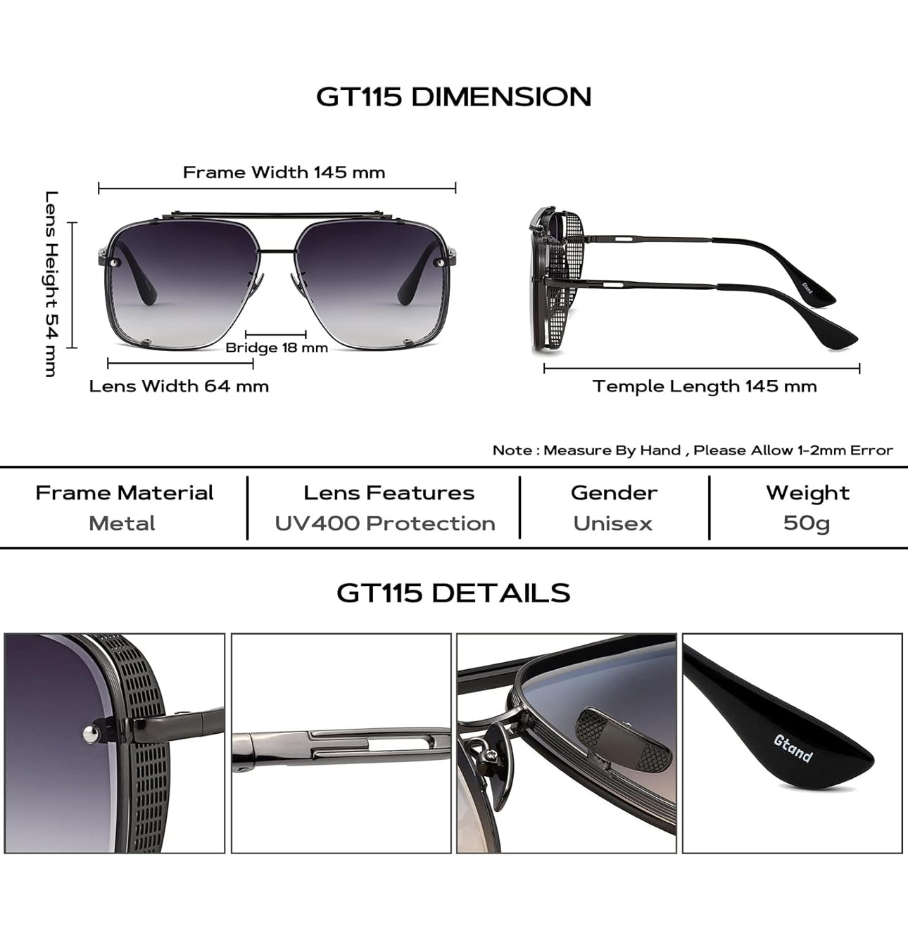 UNISEX Oorgroot Vierkantige Vlieënier Gradiënt-sonbrille C6 Geweerraam/Gradiënt - Grys Lens