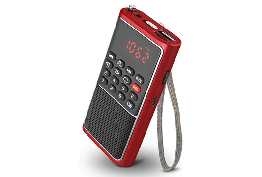 Mini Draagbare FM-radio-USB-speler, TF/SD-kaart/USB-gleufondersteuning Mp3-speelopname, Sak-Walkman Klein radio met sluitsleutel, Polsband, Herlaaibare battery-aangedrewe, Uitstekende ontvangs en klank - (Rooi)
