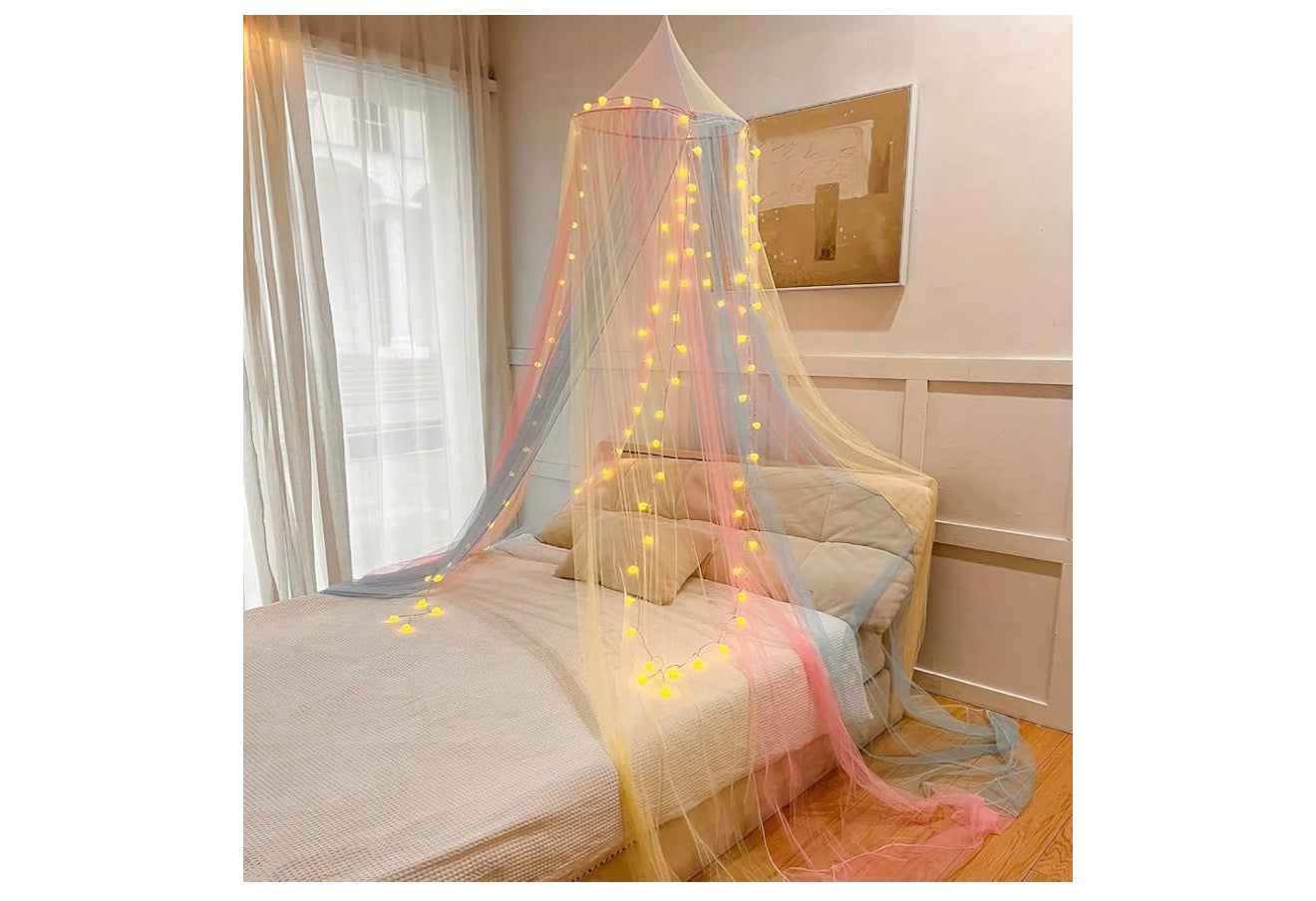 Muskietnet Bedkap Rainbow met LED-liggies Bedgordyne Volgrootte van Plafon, Koepelmuskietnet Beddekor