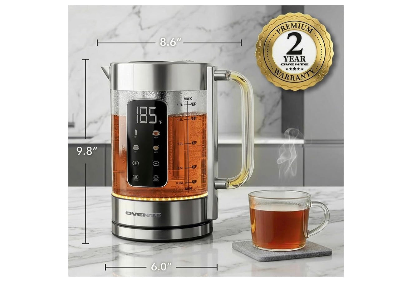 Digitale Glas Elektriese Ketel 1.7L met Kleurveranderende LED-ligte Temperatuurbeheer, Dubbelwand Koel Aanraking, 4 Voorinstellings, Hou Warm, Tee-infuser en Kookdroogbeskerming - (Silwer)