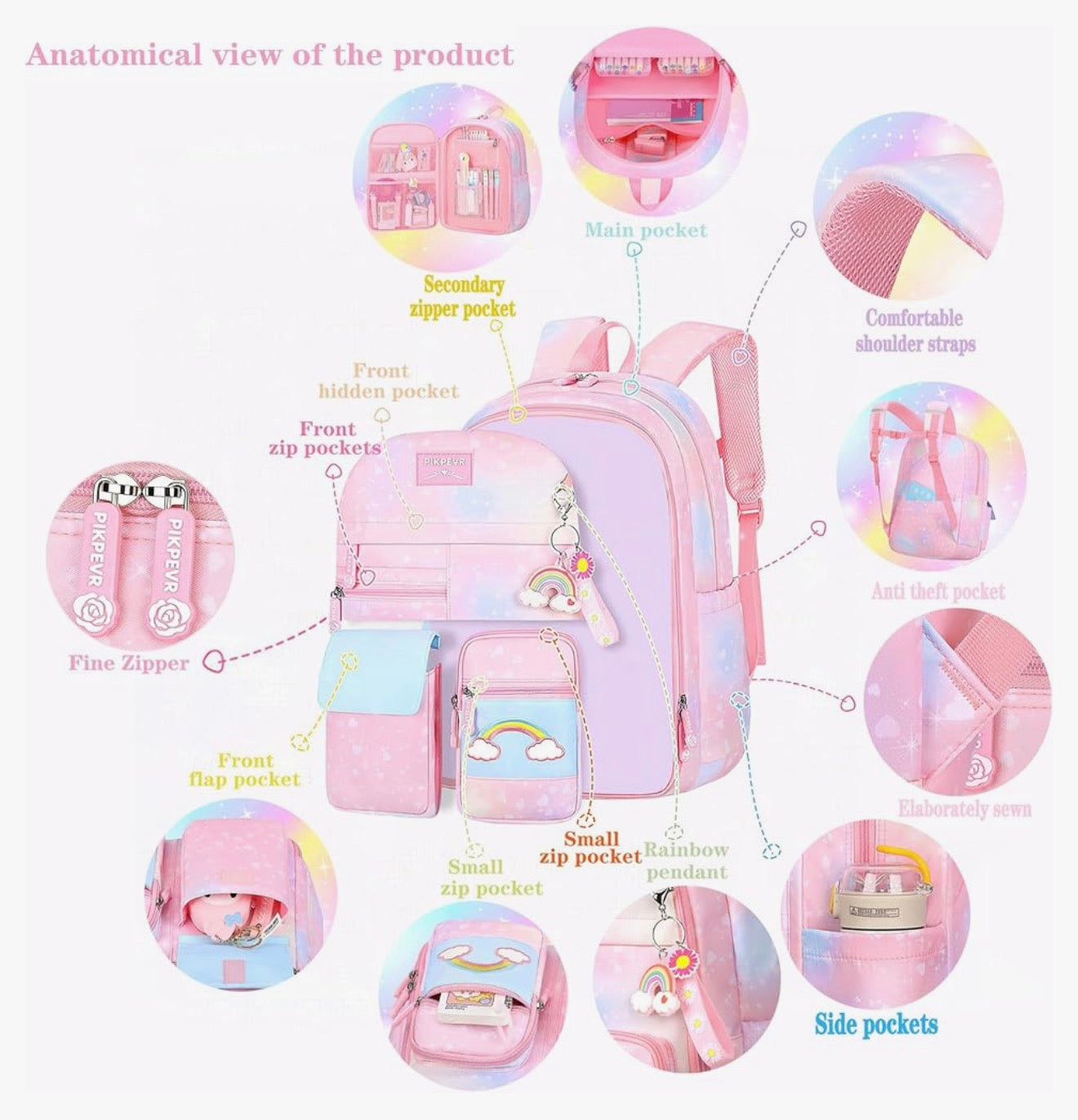 Rainbow Backpack For Girls Kids, Cute Student School Backpack With Pen Bag, Laptop Travel Bag (Pink)