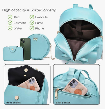 iGirls Bowknot 3-Stukke Mode Leer Rugsak Rugsakhandsak vir Vroue Ruksak vir Dames Skouersak - (Pêrel B)