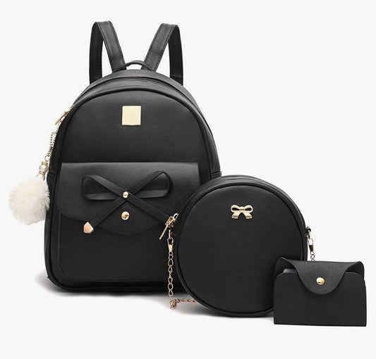 iGirls Bowknot 3-Stukke Mode Leer Rugsak Rugsakhandsak vir Vroue, Rucksack vir Dames Skouersak - (Swart)