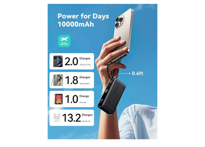3-in-1 Portable Charger 30W Fast Charging Portable Charger w/ Built-in Cable & AC Wall Plug 10000mAh, Small, Fast Charging, Built-in USB C Cable - (Black)