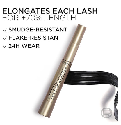 L’Oreal Paris Grimering Oorspronklike Telescopic Mascara, Skeidende Mascara Volume- en Lengteformule, Wasbaar - (Swartste Swart) 0.27 Fl Oz., 1 Tel.