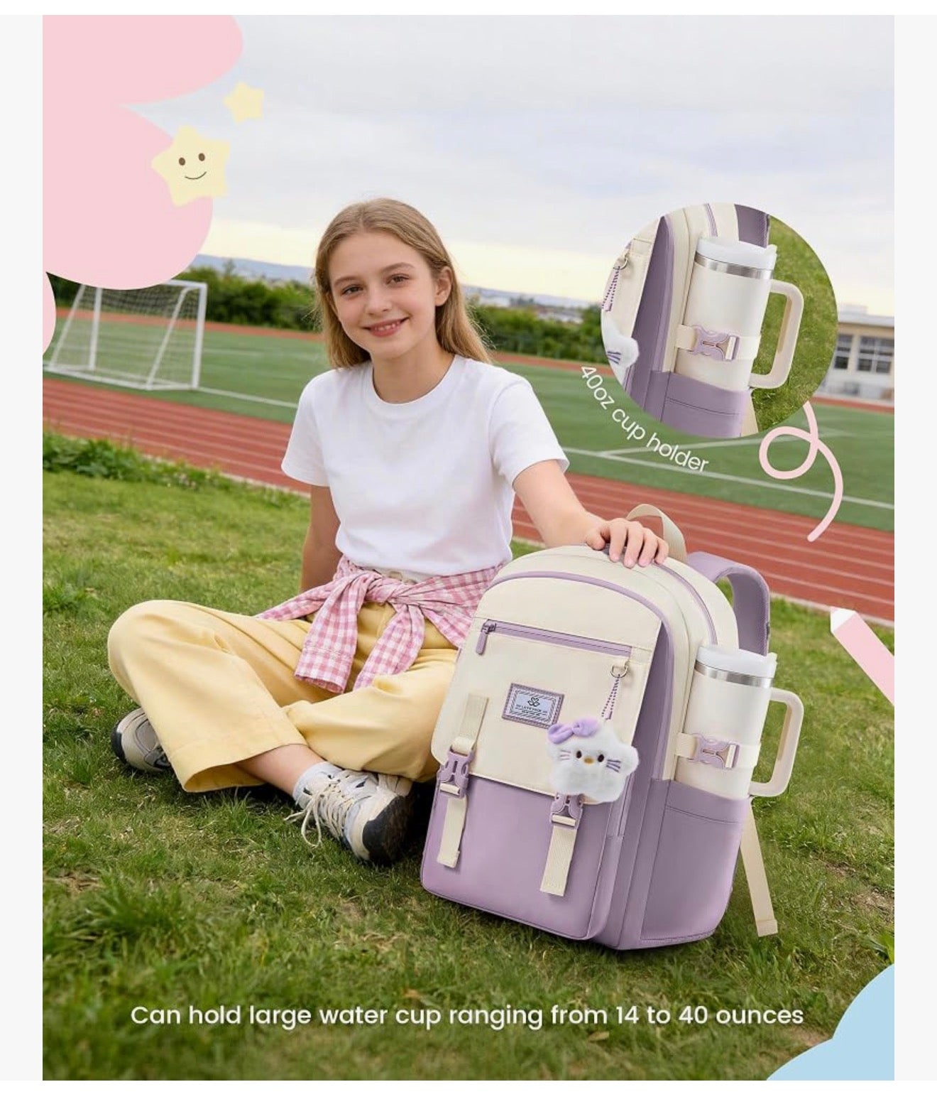 Skoolrugsak 15.6" Waterbestande Terug-skool-toe Rugsakke, Oulike Kind Boeksak Met Sjarme, Groot Kollege Reis dagsak - (Laventel & Room)