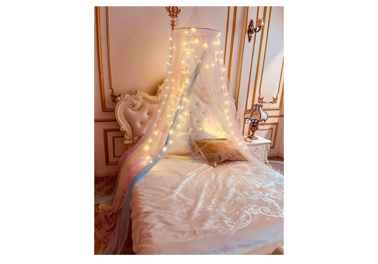 Muskietnet Bedkap Rainbow met LED-liggies Bedgordyne Volgrootte van Plafon, Koepelmuskietnet Beddekor
