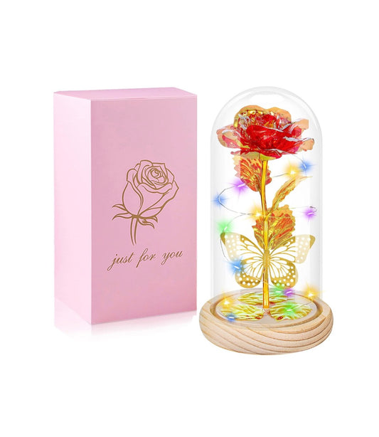 Red Timeless Crystal Rose w/ Butterfly - Illuminated Dome Glass - Special Occasion/Gifts