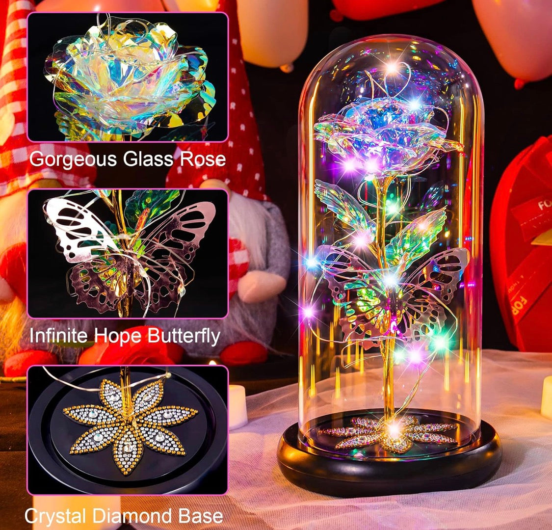 Preserved Crystal Roses in Glass Dome LED Lights w/ Butterfly - (Multicolor)