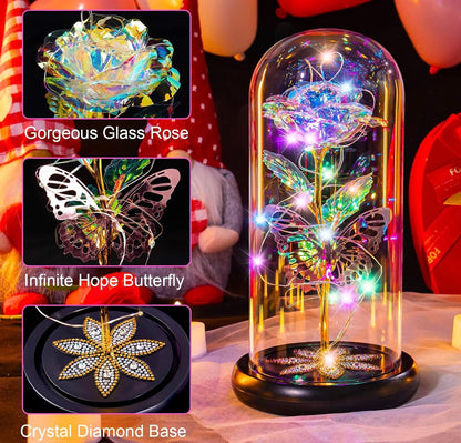Preserved Crystal Roses in Glass Dome LED Lights w/ Butterfly - (Multicolor)