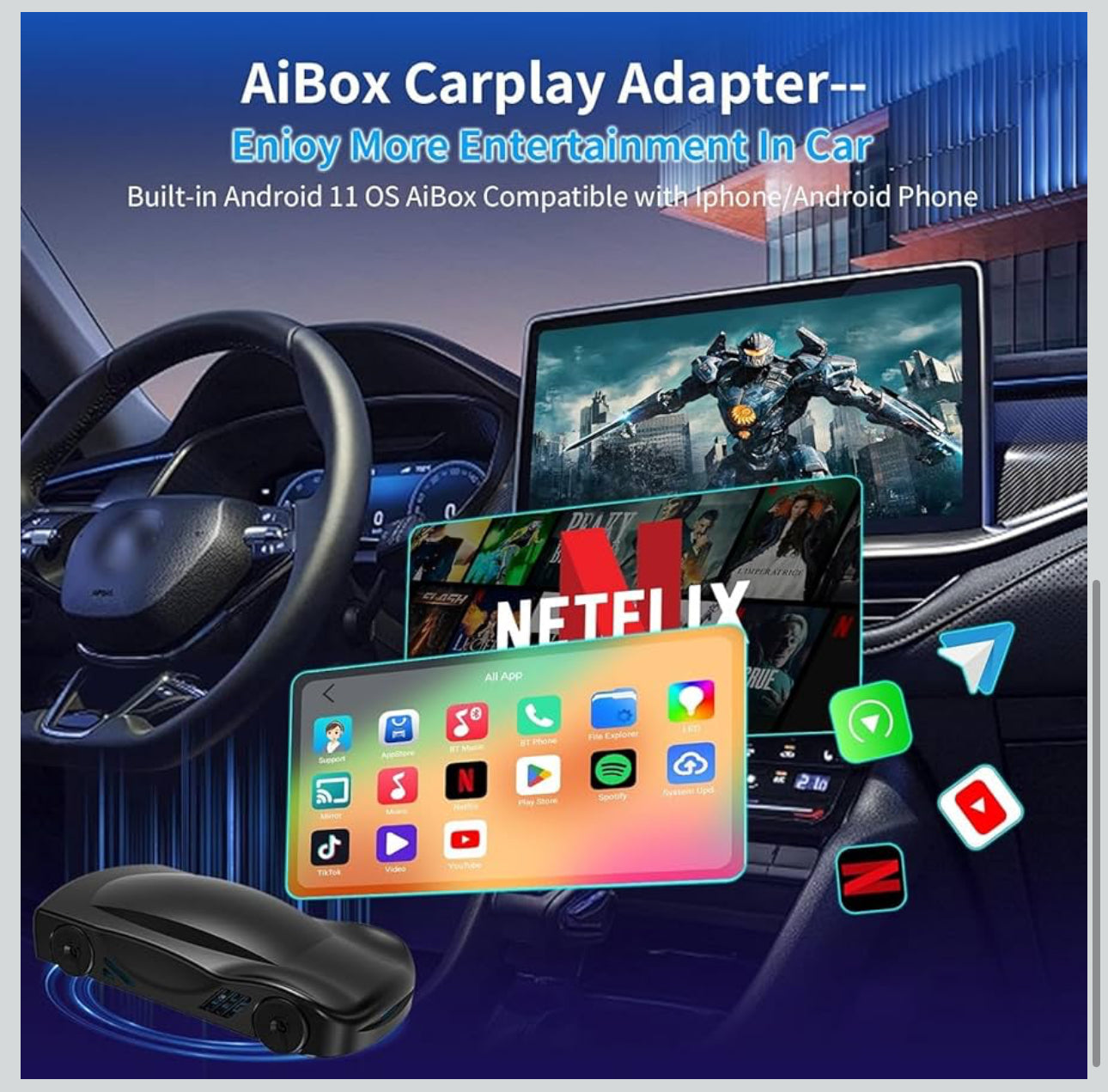 New Wireless Carplay & Android Auto Adapter with Netflix YouTube TikTok, CarPlay Wireless Adapter for Cars with OEM Wired CarPlay