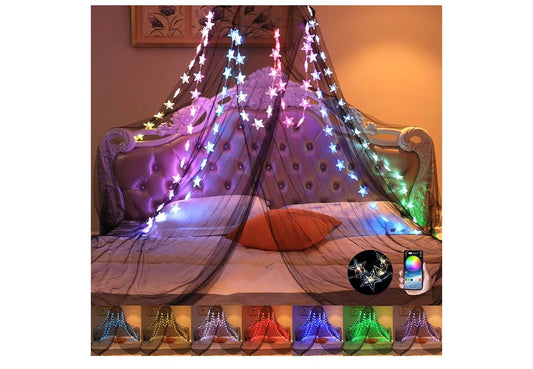 Bedhemelgordyn met ligte RGB-musieksinchronisasie, kleurveranderende LED-sterliggies met toepassingafstandbeheer muskietnet slaapkamerhemel