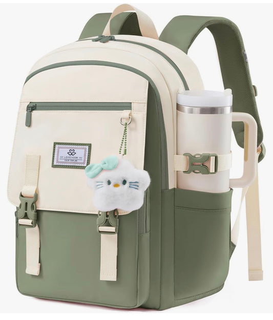 Skoolrugsak 15.6" Waterbestande Terug-skool toe-rugsakke, Oulike Kinderboeksak Met Hanger, Groot Kollege Reis dagsak - (Saliegroen & Room)
