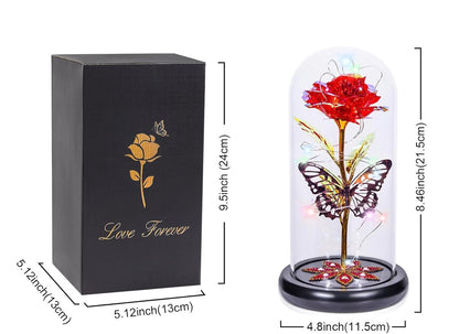 Red - Preserved Crystal Roses in Glass Dome LED Lights w/ Butterfly
