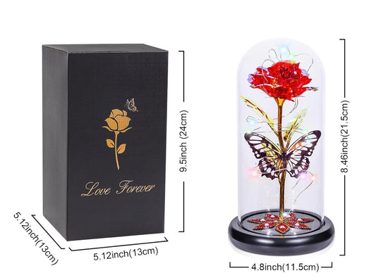 Red - Preserved Crystal Roses in Glass Dome LED Lights w/ Butterfly