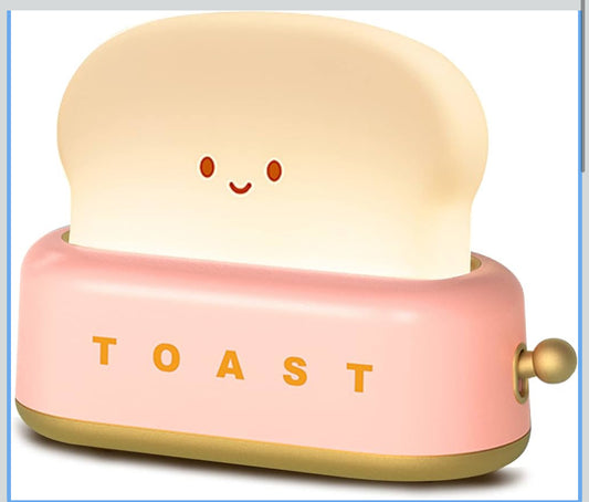 PINK - Desk Decor Toaster Lamp, Kawaii LED Toast Bread Night Light Rechargeable and Portable Light with Timer