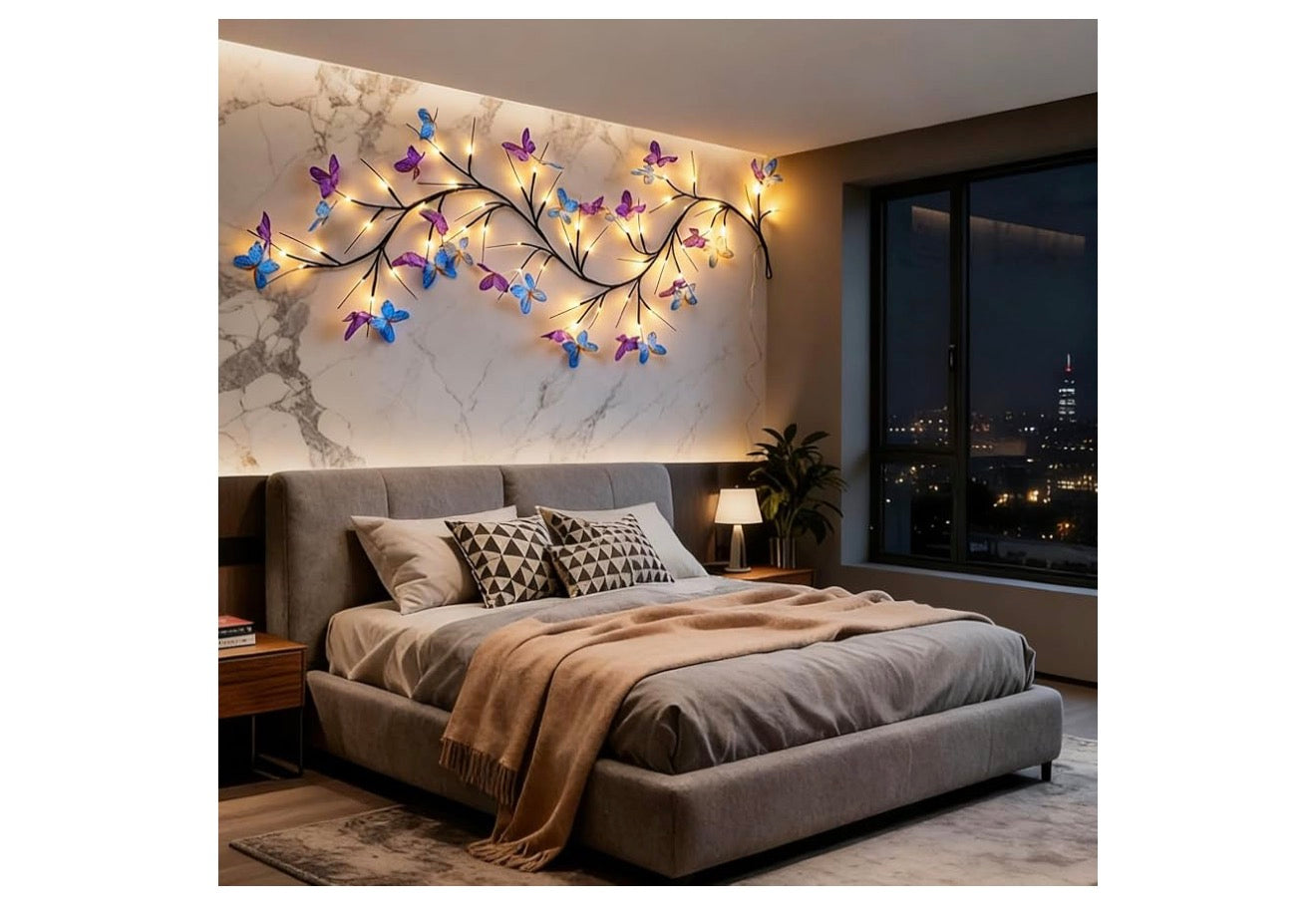 Wilgerranklig met Vlinder 48LED 1.8M Betowerde Muurversiering 8 Ligmodusse vir Binneshuise Huis Muurversiering - (Warm Wit)