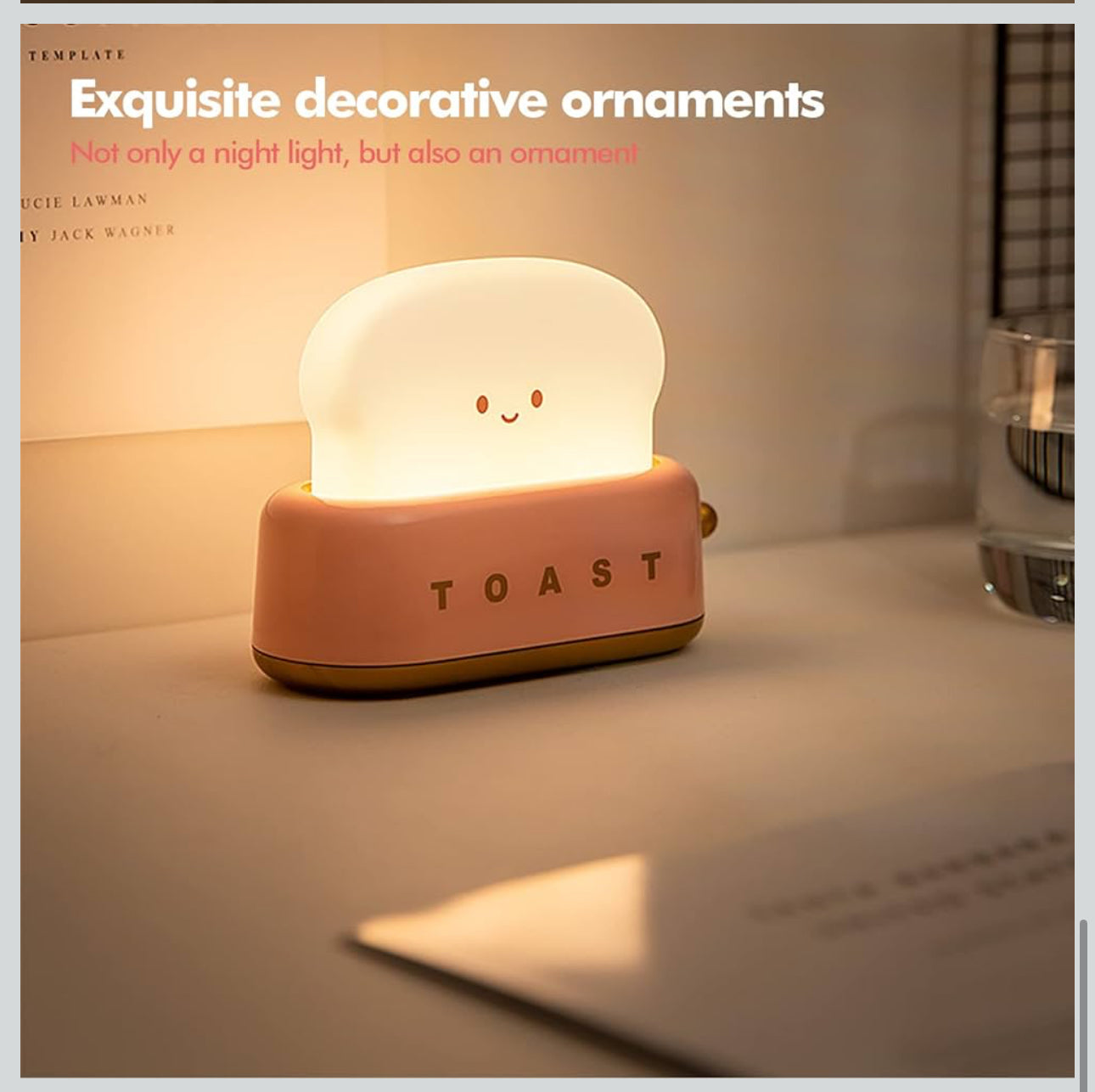 PINK - Desk Decor Toaster Lamp, Kawaii LED Toast Bread Night Light Rechargeable and Portable Light with Timer