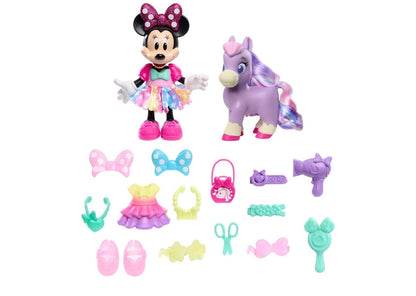 Disney Junior Minnie Muis Versorgings- en Glansponiestel, Posisioneerbare 21-stuk Pop- en Bykomstighedestel, Kinderspeelgoed vir Ouderdomme 3+
