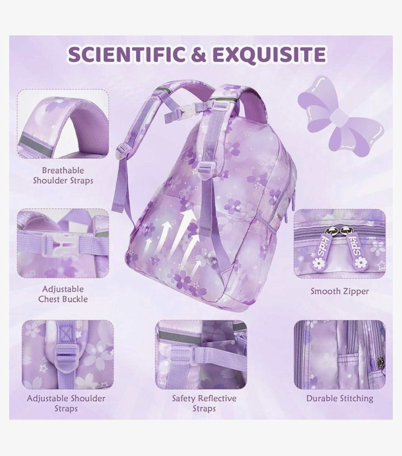 Kids Backpack 17 Inches for Girls, Cartoon School Bag for Elementary Middle School Students Book Bag - (Purple)