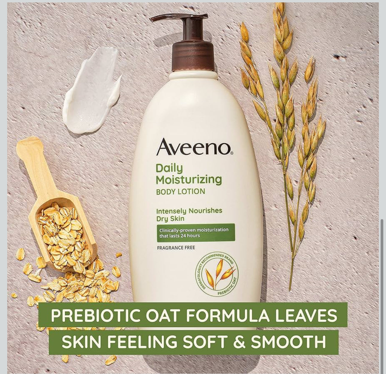 Aveeno Daily Moisturizing Body Lotion with Soothing Prebiotic Oat, Gentle Lotion Nourishes Dry Skin With Moisture, Paraben-, Dye- & Fragrance-Free, Non-Greasy & Non-Comedogenic, 18 oz (2 Pack)
