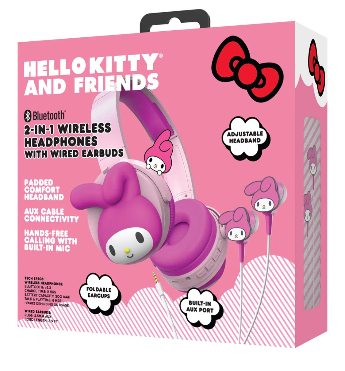 Hello Kitty 2-in-1 Wireless Bluetooth Headphones with Wired Earbuds – Foldable Over-Ear Headset with Built-in Mic, AUX Cable, Adjustable Headband, and Onboard Controls – My Melody