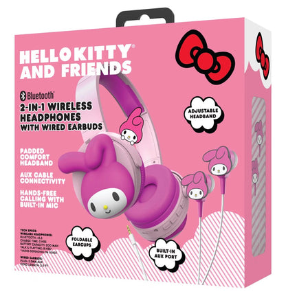 Hello Kitty 2-in-1 Wireless Bluetooth Headphones with Wired Earbuds – Foldable Over-Ear Headset with Built-in Mic, AUX Cable, Adjustable Headband, and Onboard Controls – My Melody