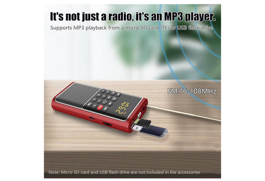 Mini Draagbare FM-radio-USB-speler, TF/SD-kaart/USB-gleufondersteuning Mp3-speelopname, Sak-Walkman Klein radio met sluitsleutel, Polsband, Herlaaibare battery-aangedrewe, Uitstekende ontvangs en klank - (Rooi)