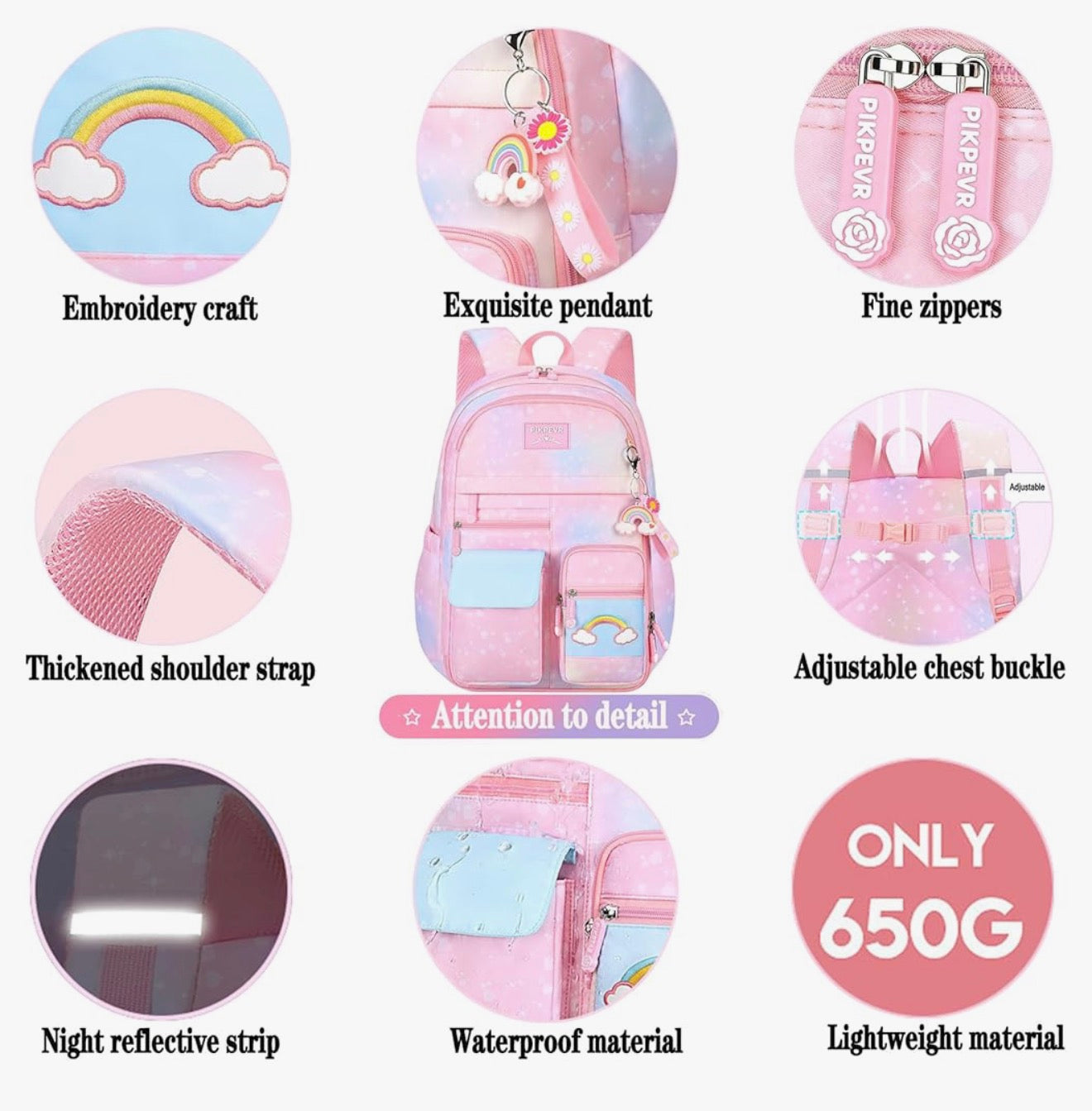 Rainbow Backpack For Girls Kids, Cute Student School Backpack With Pen Bag, Laptop Travel Bag (Blue)
