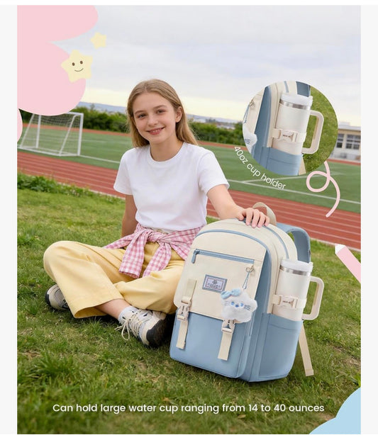 Skoolrugsak 15.6 " Waterbestande Terug-skool-toe Rugsakke, Oulike Kind Boeksak Met Sjarme, Groot Kollege Reis Dagsak - (Baba Blou & Room)