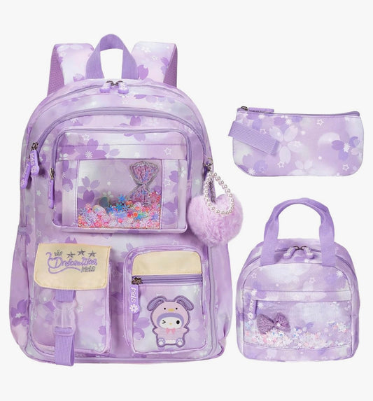 Kids Sets Backpack 17" for Girls, Cartoon School Bag for Elementary Middle School Students Book Bag with Lunch Box & Pencil Case - (Purple)