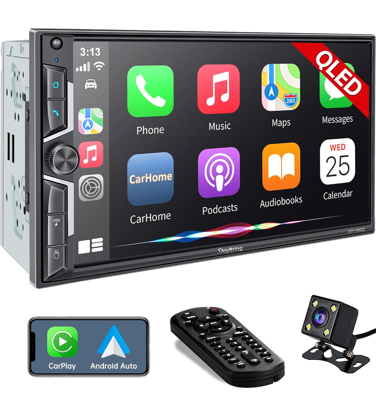 Double Din 7 inches Car Radio Receiver with Carplay, Android Auto, QLED Touchscreen, Bluetooth, 4-Channel RCA, 60W*4 High Power, Subwoofer w/ Backup Camera