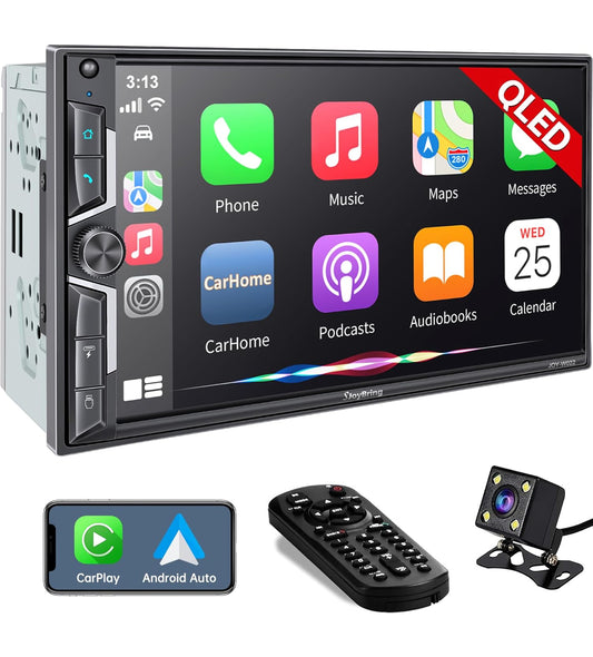 Double Din 7 inches Car Radio Receiver with Carplay, Android Auto, QLED Touchscreen, Bluetooth, 4-Channel RCA, 60W*4 High Power, Subwoofer w/ Backup Camera