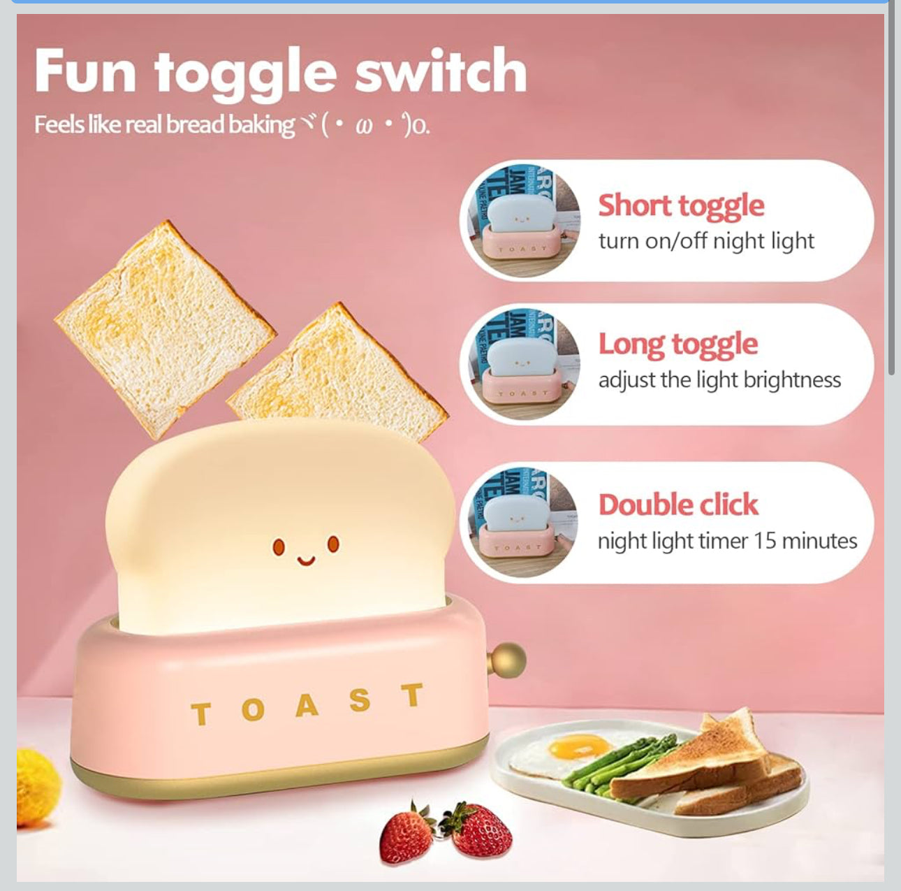 PINK - Desk Decor Toaster Lamp, Kawaii LED Toast Bread Night Light Rechargeable and Portable Light with Timer