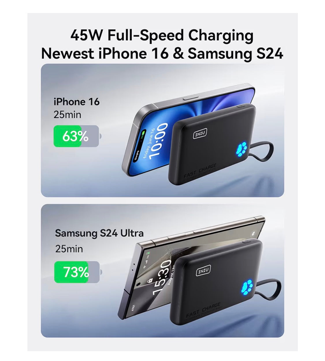 Portable Charger, Slim 10000mAh Power Bank with Build in USB-C Cable, 45W Fast Charging Mini Battery Pack - Yellow