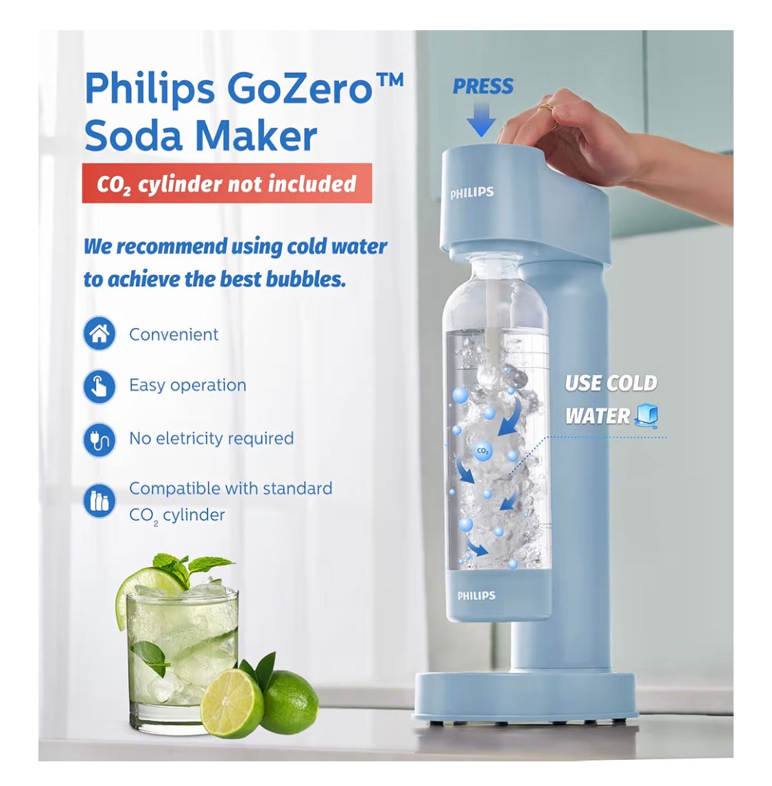 Soda Maker / Sparkling Water Machine, Lightweight & Easy to Use (Blue)