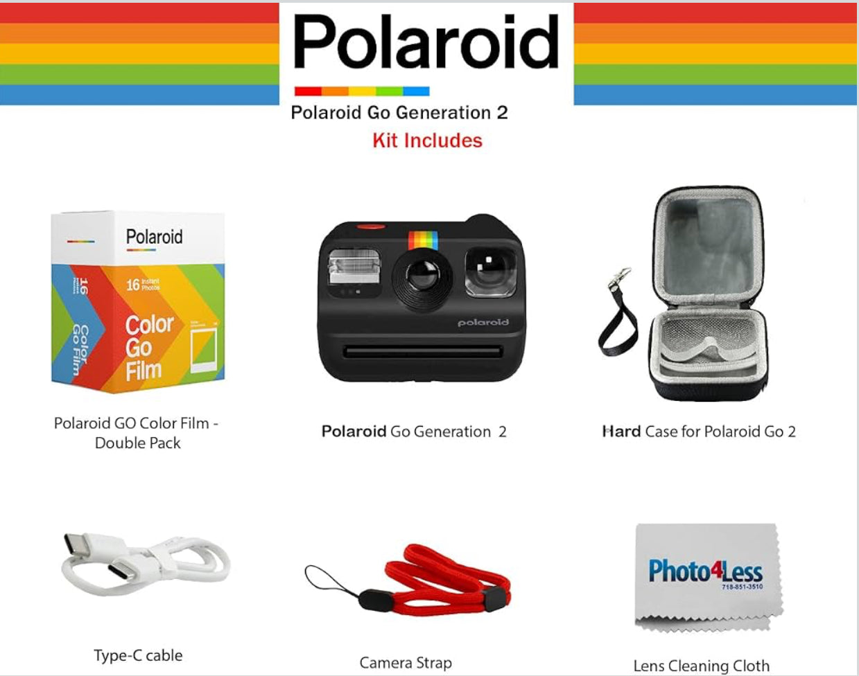 Polaroid Go Mini Camera Bundled with Polaroid GO Color Film Hard Carrying Case, Lens Cleaning Cloth - Black