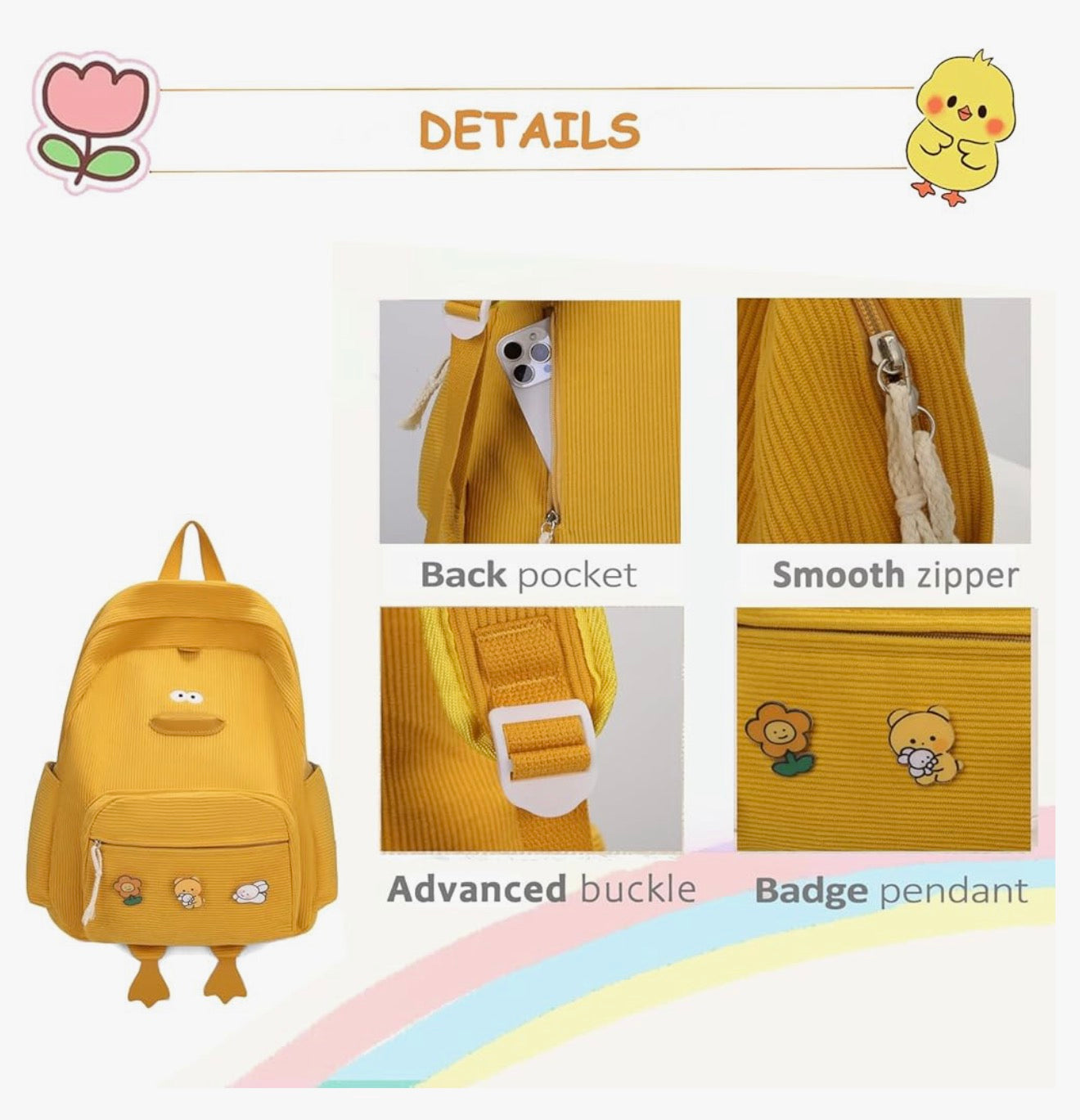 Oulike Eend Rugsak vir Tienermeisies Vroue, Kawaii Snaaks Estetiese Korduroy Boeksak vir Hoër Middel Skool - (Geel)