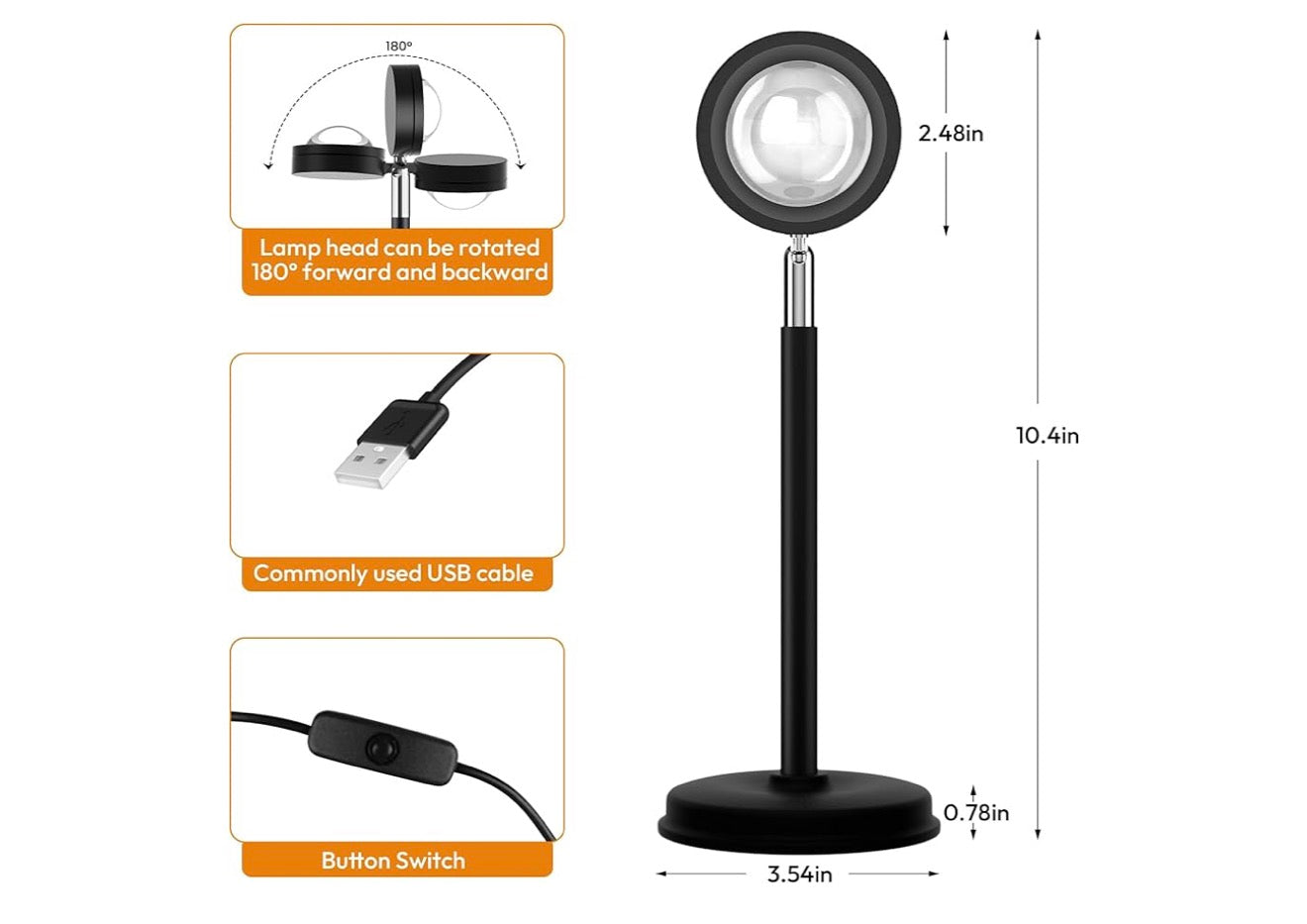 Sonsonderganglamp-projektor, 180 grade rotasie Sonprojeksielig LED-naglig Vloerlamp met USB-poort