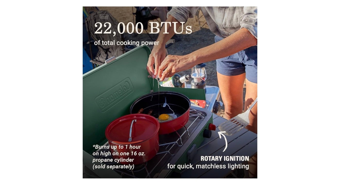 Coleman 2-Brandstof Kampeerstoof, Draagbare Kookplaat met 22 000 BTU's, Aansteek sonder vuurhoutjies, en Dubbele Windskerms, Ideaal vir Buite-kook, Kampering, Agterklep-kuier, Braai, BBQ's, en Meer