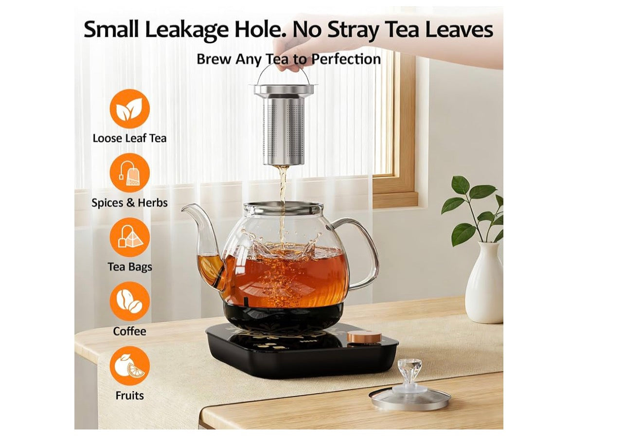Elektriese Glas Teemakertjie met Infuser, ±1℉ Presiese Temperatuurbeheer, BPA-vry, Outomatiese Afskakeling, Brouprogram, Hou Warm - (Swart)
