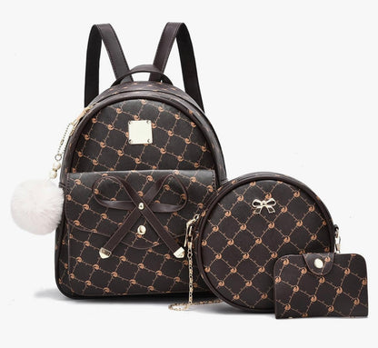 iGirls Strikkie 3-Stukke Mode Leer Rugsak Rugsakhandsak vir Dames Rucksack vir Dames Skouersak - (Koffie)