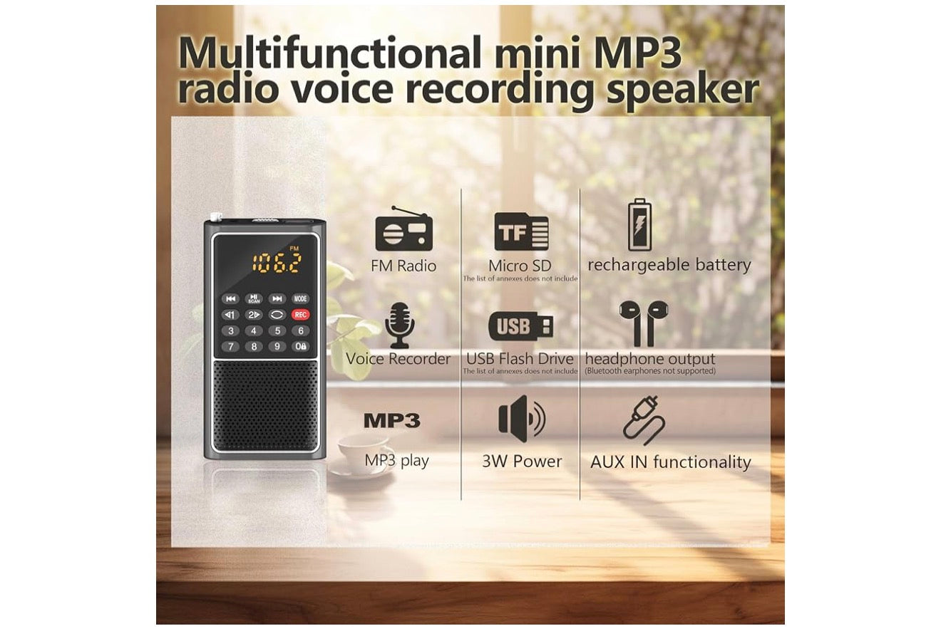 Mini Draagbare FM-radio USB-speler, TF/SD-kaart/USB-gleufondersteuning Mp3-speelopname, Sak-Walkman Klein radio met sluitknoppie, Polsbandjie, Herlaaibare battery-aangedrewe, Uitstekende ontvangs en klank