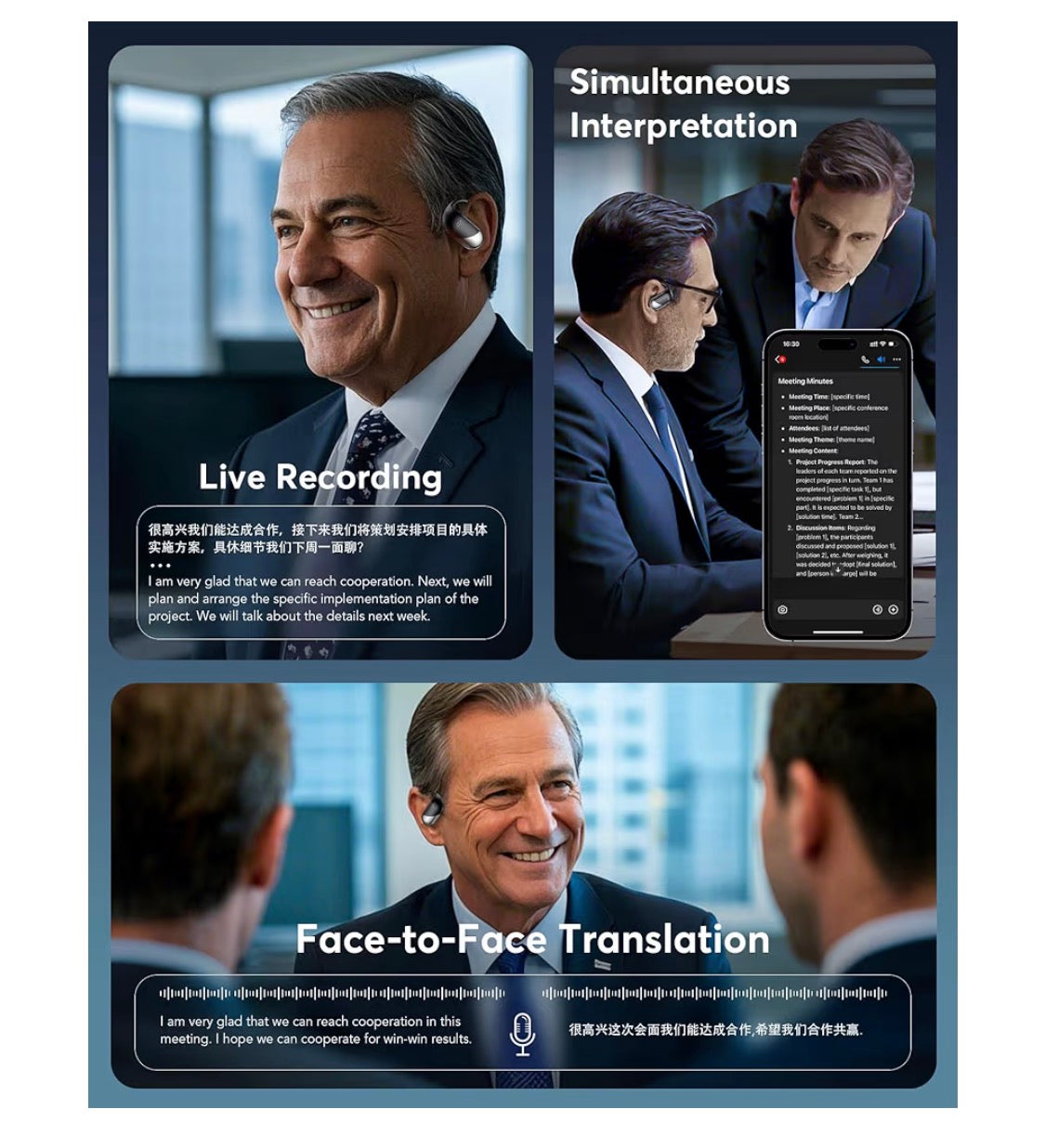 Open-Ear headphones LCD Touch,Bluetooth,Real-Time AI Translator Earbuds (188)Languages -D. Black