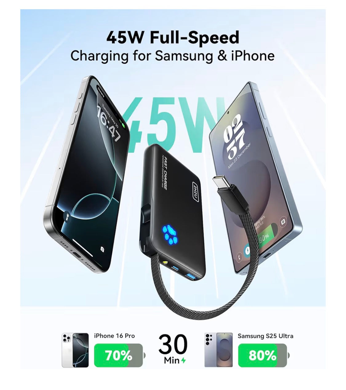 Portable Charger, Slim 10000mAh Power Bank with Build in USB-C Cable, 45W Fast Charging Mini Battery Pack - Black