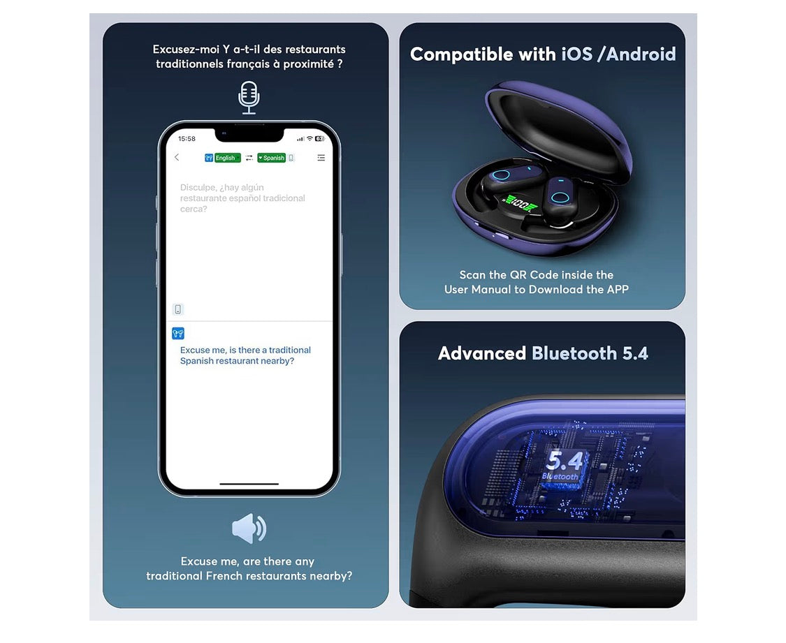Open-Ear 4-in-1 Smart Mode Bluetooth 5.4 Touch Screen Earphones Real-Time Headphones - 168 Languages AI Live Translation (L. Blue)