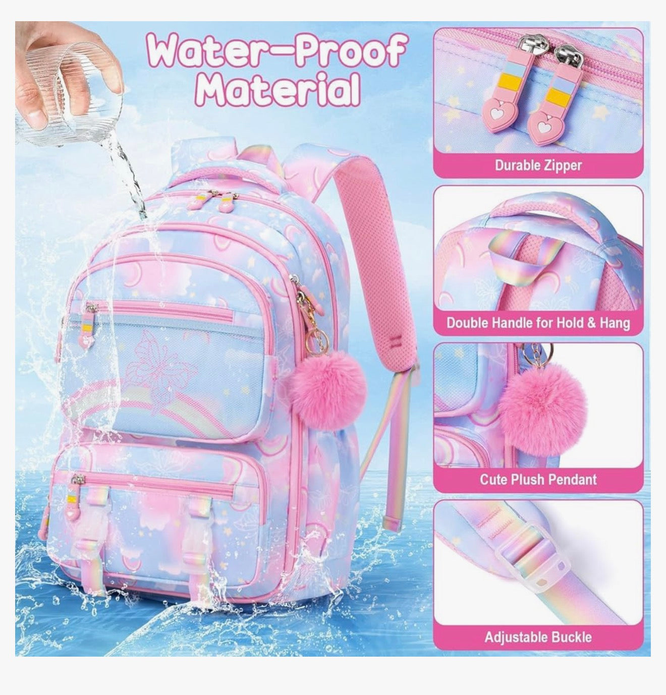 Kids Backpack - 3PCS Rainbow & Butterflies Teen Girls Backpack w/ Lunch Box & Pencil Case, Cute Pink Bookbag School Bag for Kindergarten Elementary Middle School Student Ages 5+