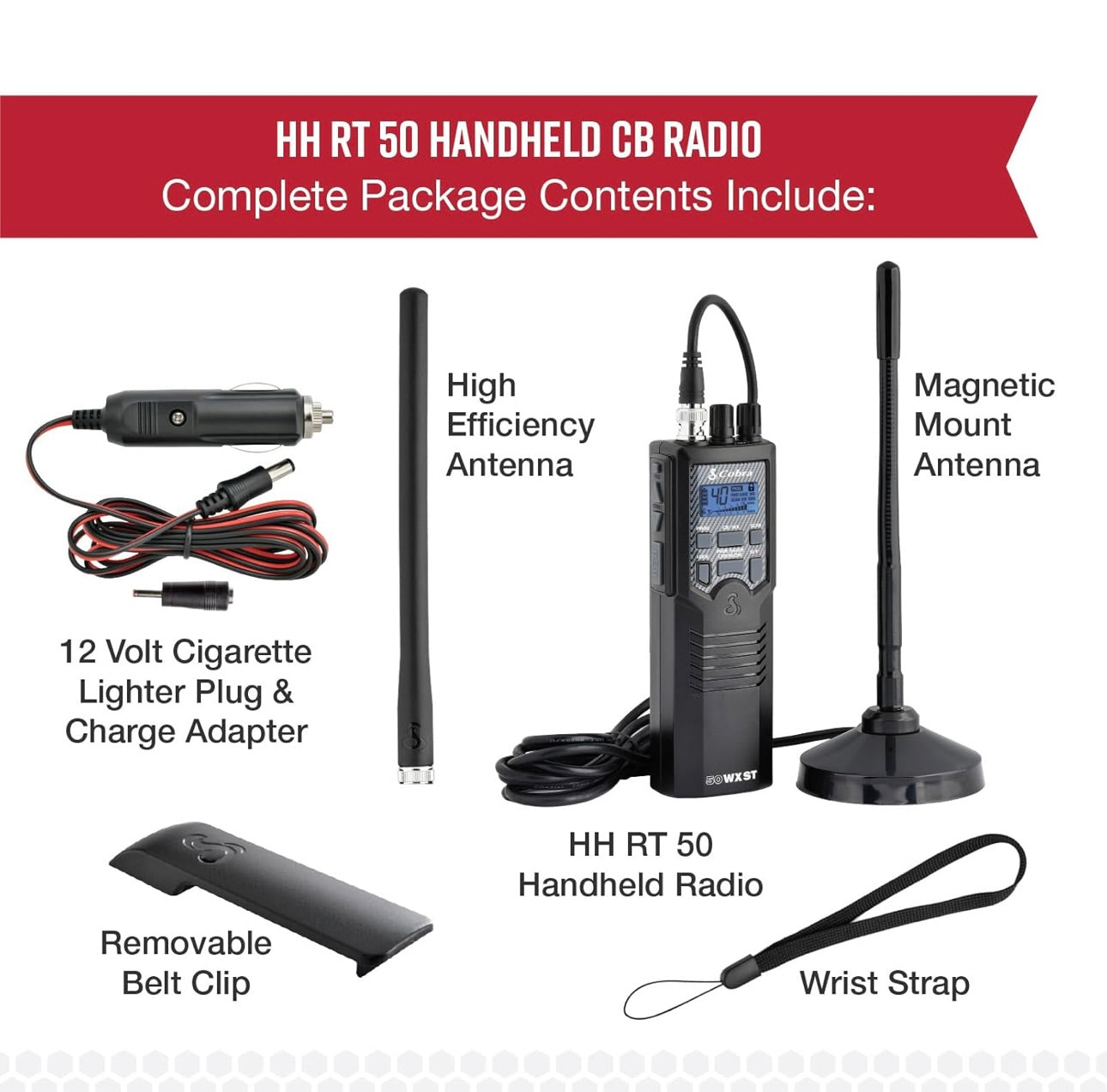 Cobra HHRT50 Padreis CB Radio – 2-rigting Handheld Noodradio met Toegang tot Volle 40 Kanale en NOAA Waarskuwings, Dak Magneetmonteer Antenna en Omni-rigting Mikrofoon, Swart, 6.3" x 2" x 1.75"