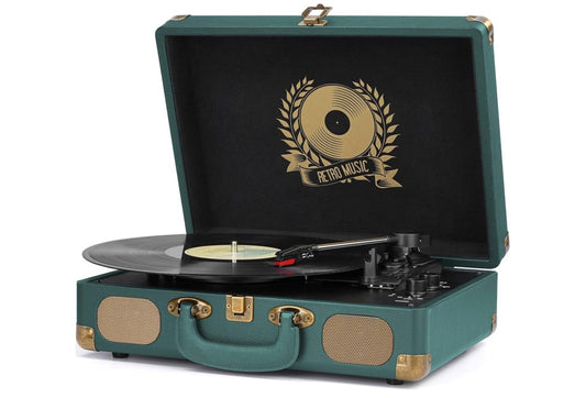 Vinielplaatspeler Bluetooth Platenspeler 3-Spoed Tas Draagbare Vintage Bandgedrewe Platenspeler met Ingeboude Luidsprekers RCA-Lynuitgang AUX - (Jagtersgroen)