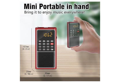 Mini Draagbare FM-radio-USB-speler, TF/SD-kaart/USB-gleufondersteuning Mp3-speelopname, Sak-Walkman Klein radio met sluitsleutel, Polsband, Herlaaibare battery-aangedrewe, Uitstekende ontvangs en klank - (Rooi)